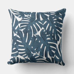 Navy blue palm leaves throw pillow