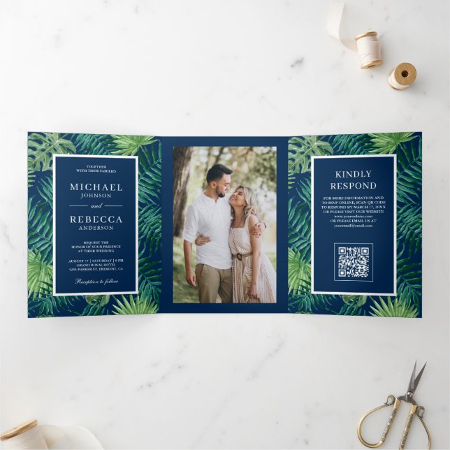Navy Blue Palm Leaves Tropical QR Code Wedding Tri-Fold Invitation (Inside)