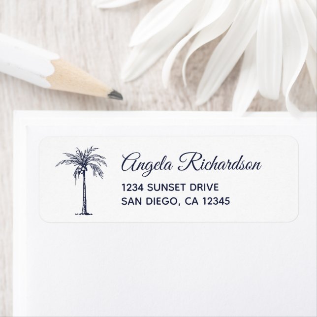 Navy Blue Palm Tree Beach Wedding Return Address (Insitu)