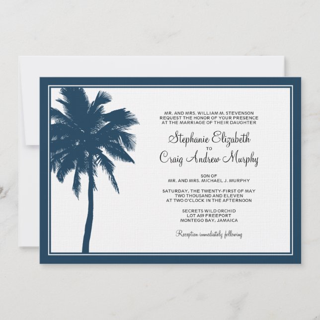 Navy Blue Palm Tree Wedding Invitation (Front)