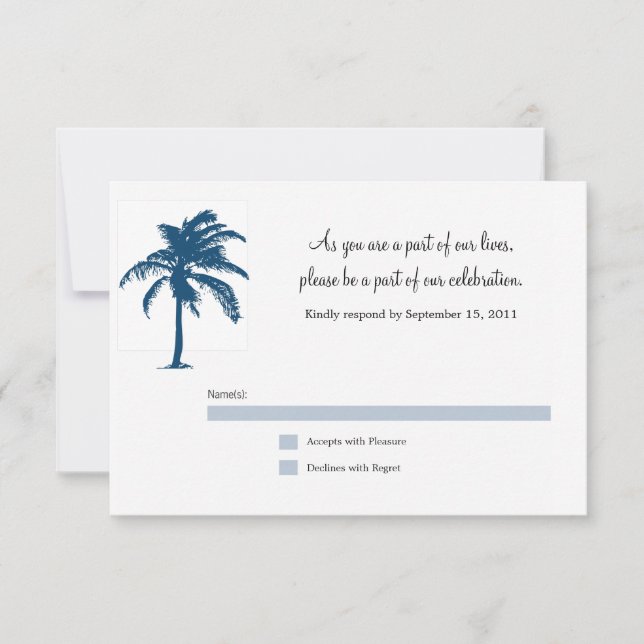 Navy Blue Palm Tree Wedding RSVP Card (Front)