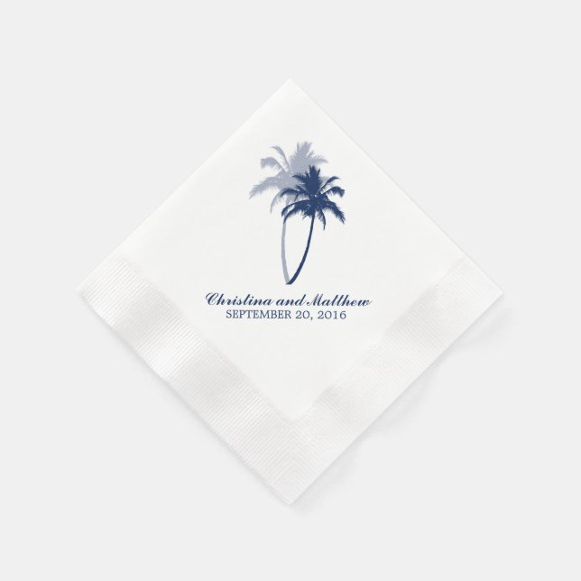 Navy Blue Palm Trees Beach Wedding Napkin (Corner)