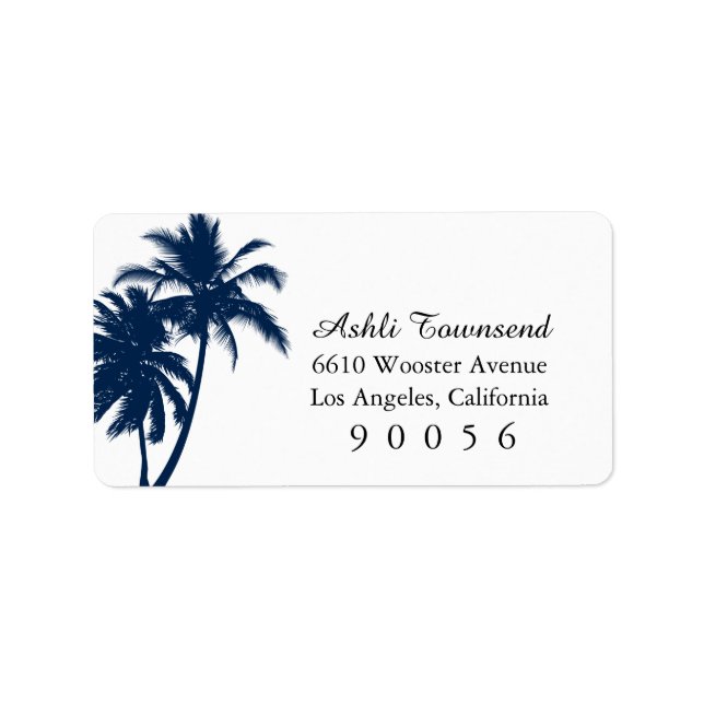 Navy Blue Palm Trees Destionatin Wedding Stamp Label (Front)