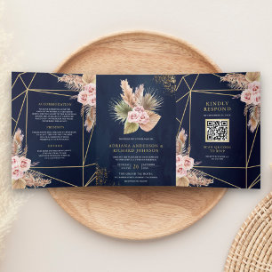 Navy Blue Pampas Dusty Pink Roses QR Code Wedding Tri-Fold Invitation