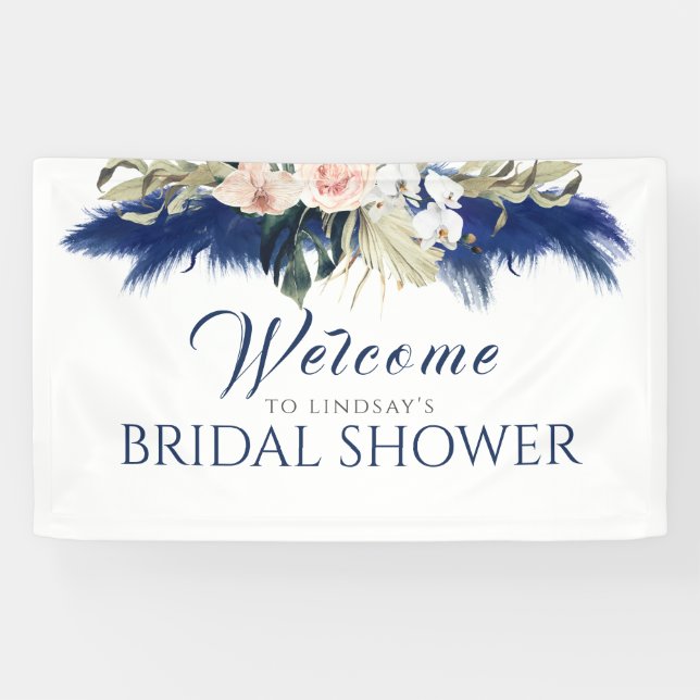 Navy Blue Pampas Grass Bridal Shower Welcome Banner (Horizontal)