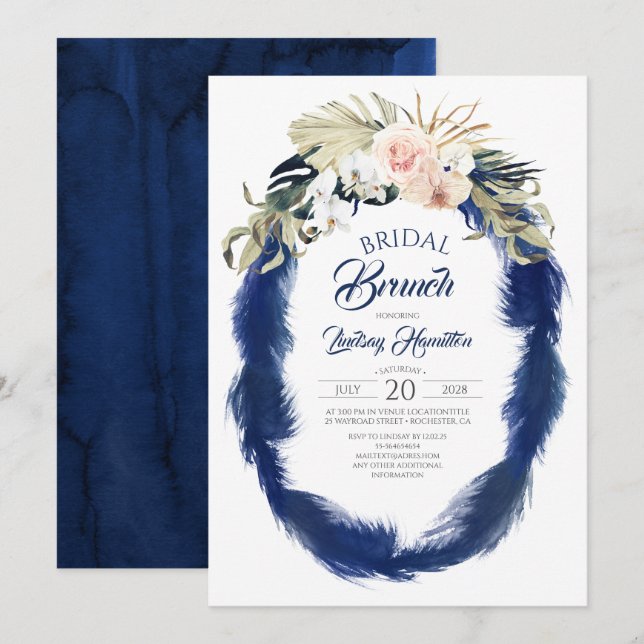 Navy Blue Pampas Grass Tropical Bridal Brunch Invitation (Front/Back)
