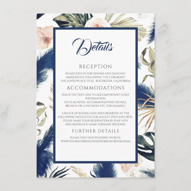 Navy Blue Pampas Grass Tropical Wedding Details Enclosure Card (Front)