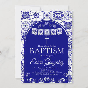 Navy Blue Papel Picado Baptism Invitation