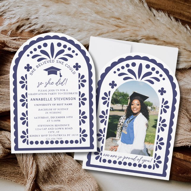 Navy Blue Papel Picado Talavera Photo Graduation Invitation (Creator Uploaded)