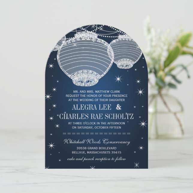 Navy Blue Paper Lanterns Under the Stars Invitation (Standing Front)