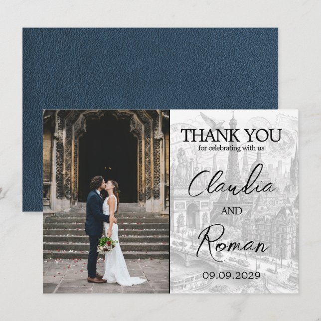 Navy Blue Paris Passport Thank You Card (Front/Back)