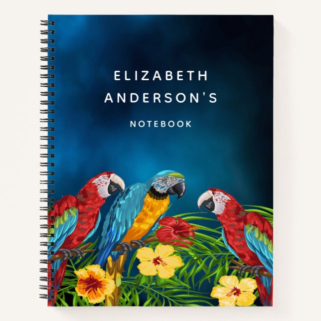 Navy blue parrots birds florals name notebook (Front)