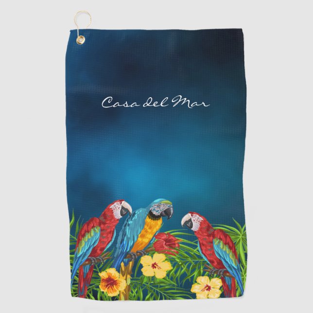Navy blue parrots birds house name golf towel (Front)