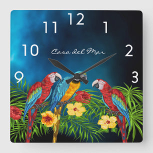 Navy blue parrots birds summer house name square wall clock