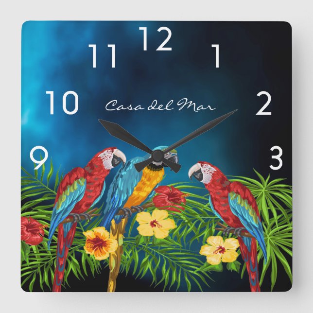 Navy blue parrots birds summer house name square wall clock (Front)