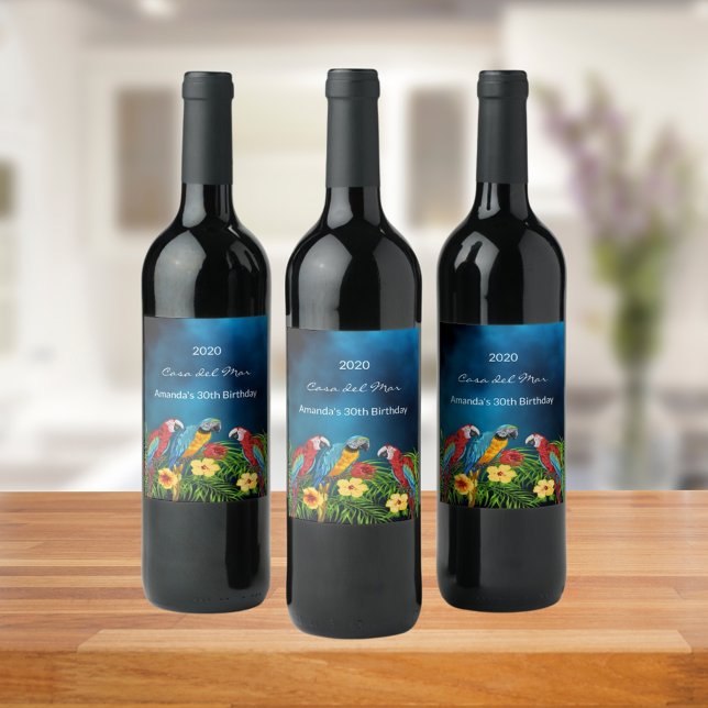 Navy blue parrots tropical house name wine label (Creator Uploaded)