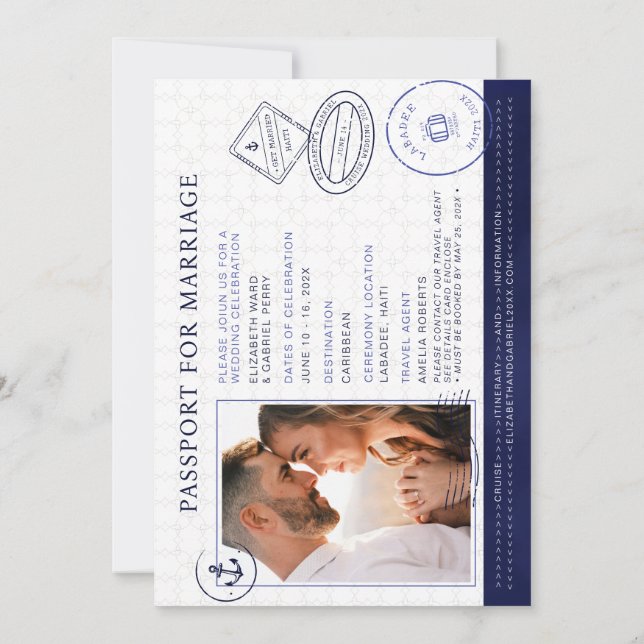 Navy Blue Passport Destination Wedding Cruise Invitation (Back)