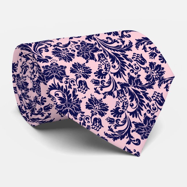 Navy Blue & Pastel Pink Floral Damasks Pattern Tie (Rolled)