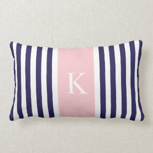 Navy Blue Pastel Pink Stripes Monogram Lumbar Cushion