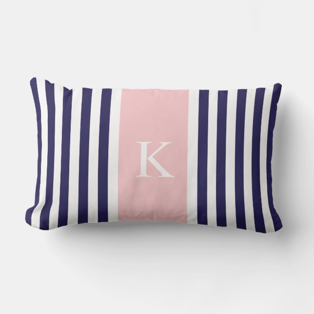 Navy Blue Pastel Pink Stripes Monogram Lumbar Cushion (Front)