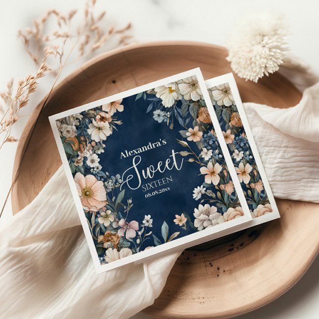 Navy Blue Pastel Wildflowers Sweet 16 Napkin (Creator Uploaded)
