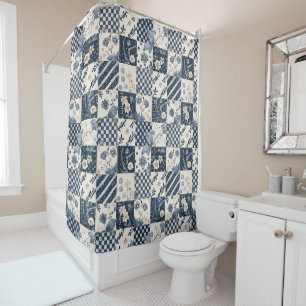 Navy Blue Patchwork Quilt Rustic Floral Retro  Shower Curtain