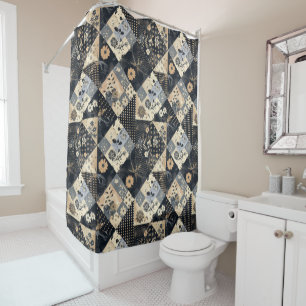 Navy Blue Patchwork Quilt Rustic Floral Retro  Shower Curtain