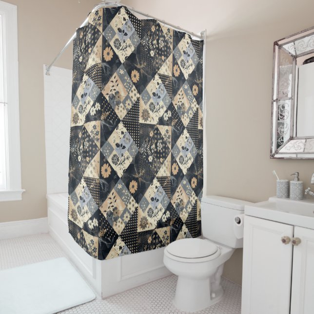 Navy Blue Patchwork Quilt Rustic Floral Retro  Shower Curtain (In Situ)