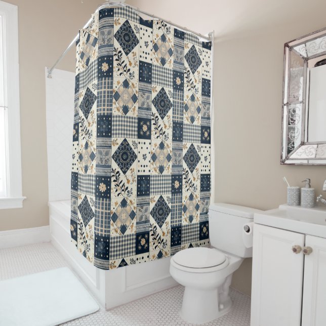 Navy Blue Patchwork Quilt Rustic Floral Retro  Shower Curtain (In Situ)