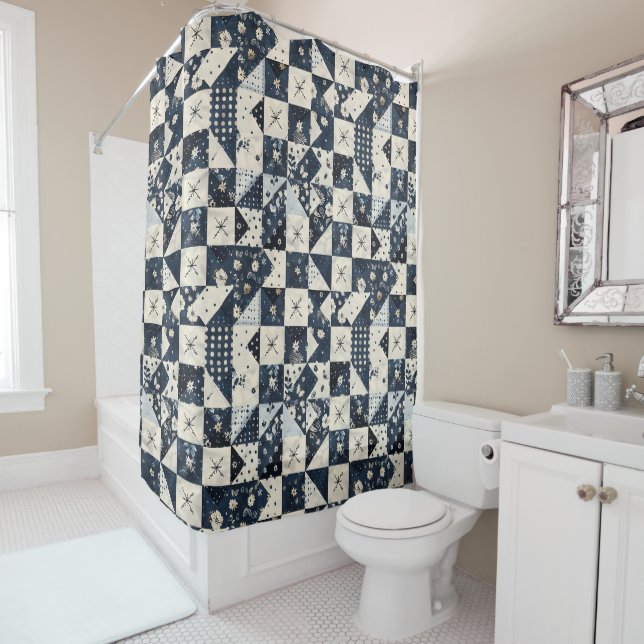 Navy Blue Patchwork Quilt Rustic Floral Retro  Shower Curtain (In Situ)