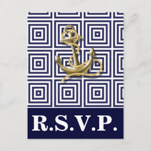 Navy Blue pattern anchor nautical wedding rsvp Invitation Postcard