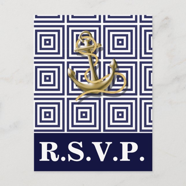 Navy Blue pattern anchor nautical wedding rsvp Invitation Postcard (Front)
