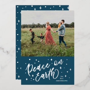 Navy Blue Peace on Earth Lettering Photo Silver Foil Holiday Card