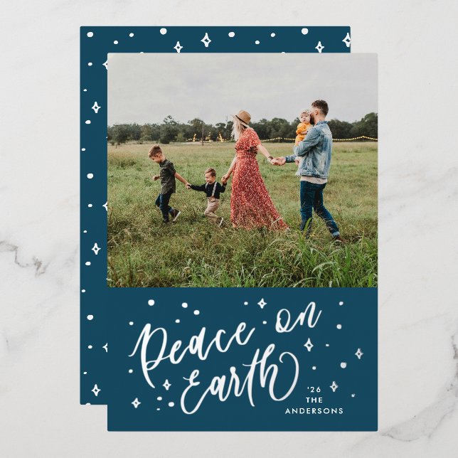 Navy Blue Peace on Earth Lettering Photo Silver Foil Holiday Card (Front/Back)