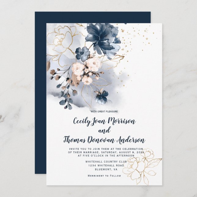 Navy Blue, Peach, and Gold Watercolor Flowers Invitation (Front/Back)