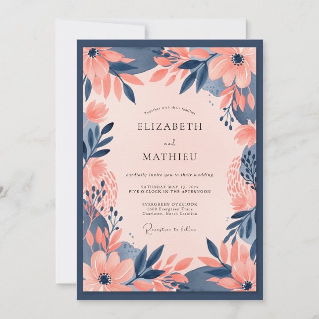 Navy Blue Peach Bold Floral Wedding Invitation (Front)