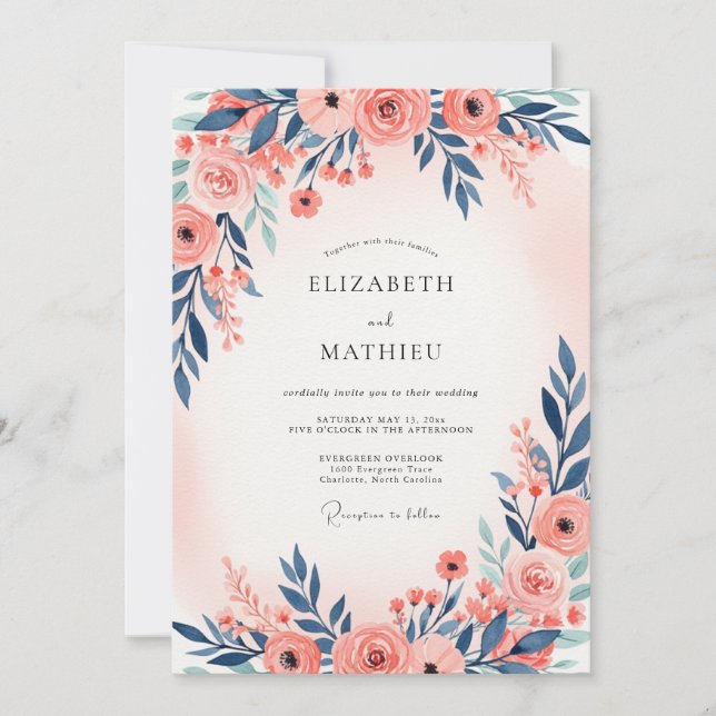 Navy Blue Peach Ethereal Spring Wedding Invitation (Front)