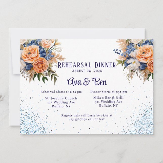  Navy Blue Peach Floral Glitter Rehearsal Dinner Invitation (Front)