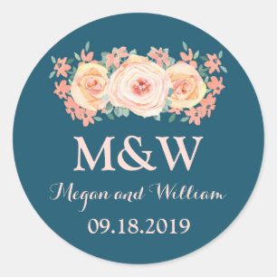 Navy Blue Peach Floral Monogram Wedding Classic Round Sticker