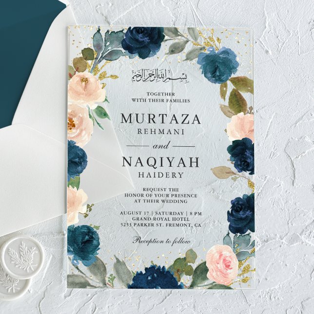 Navy Blue Peach Floral Muslim Wedding Acrylic Invitations (Creator Uploaded)