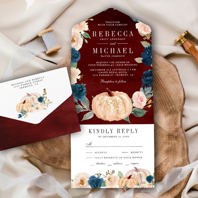 Navy Blue Peach Floral Pumpkin Burgundy Wedding All In One Invitation (Creator Uploaded)