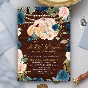 Navy Blue Peach Floral Pumpkin Wood Baby Shower Invitation