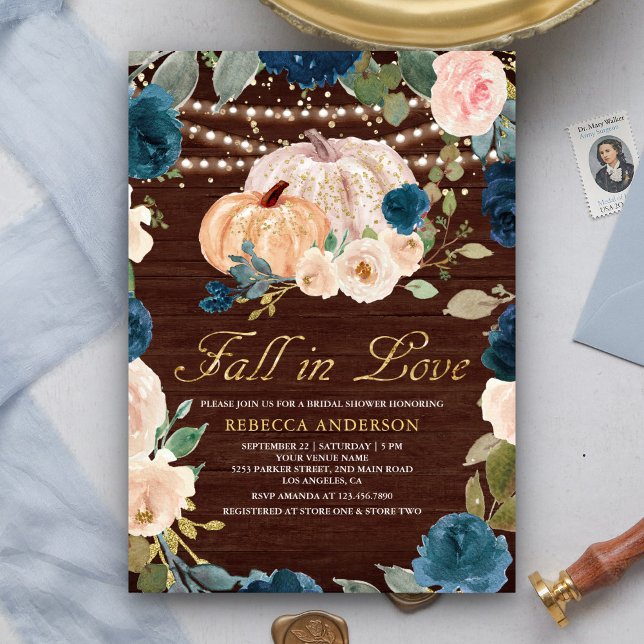 Navy Blue Peach Floral Pumpkin Wood Bridal Shower Invitation (Creator Uploaded)