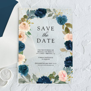 Navy Blue Peach Floral Wedding Save the Date Acrylic Invitations