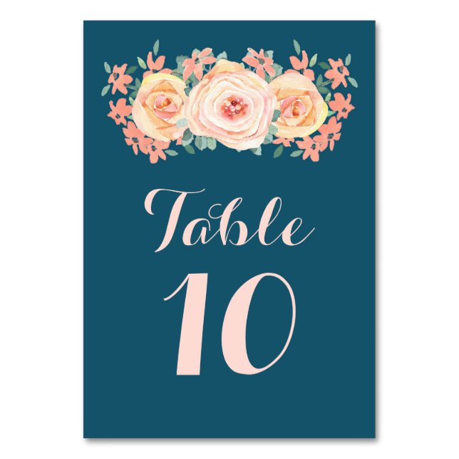Navy Blue Peach Floral Wedding Table Number Cards (Front)