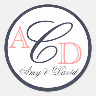 Navy Blue, Peach, Initials Names Wedding Classic Round Sticker
