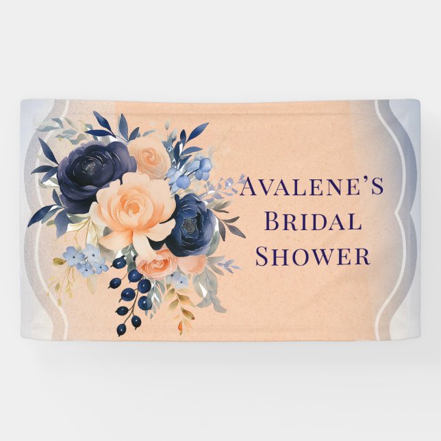 Navy Blue Peach Painted Floral Bridal Shower Banner (Horizontal)