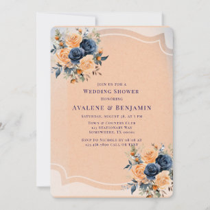 Navy Blue Peach Painted Floral Wedding Shower Invitation