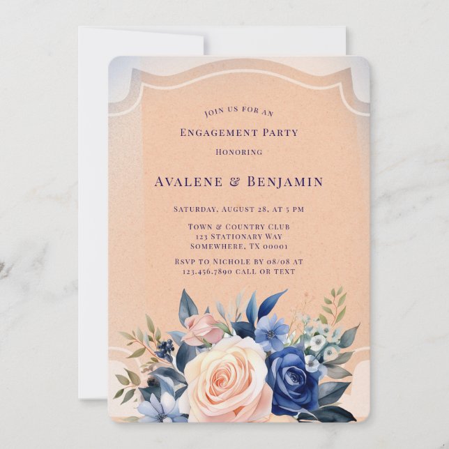 Navy Blue Peach Painted Florals Engagement Party Invitation (Front)