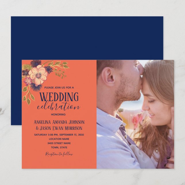 Navy Blue Peach Pink Floral Photo Wedding Invitation (Front/Back)